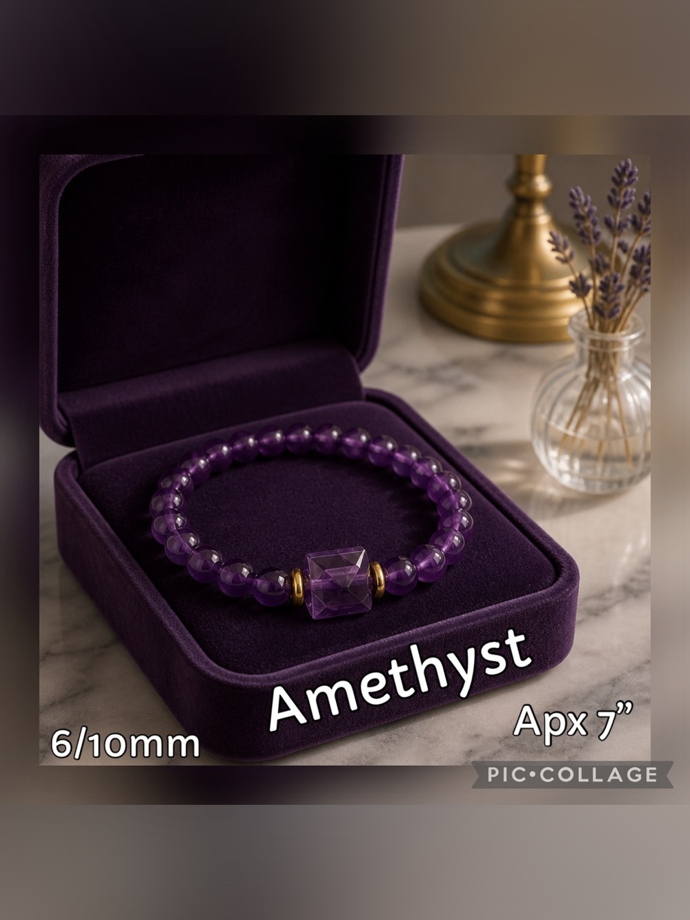 Amethyst Bead Bracelet with Faceted Center Cube - Purple
